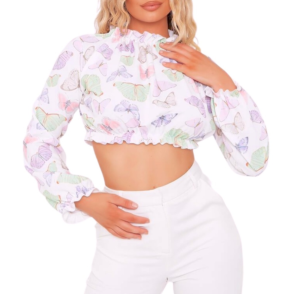 WHITE BUTTERFLY PRINT LONG SLEEVE CROP TOP